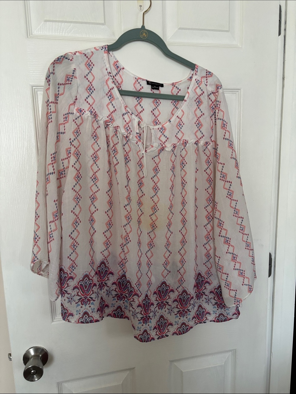 new directions White Boho Print Tie-Front Tunic with Pink and Blue Accents
